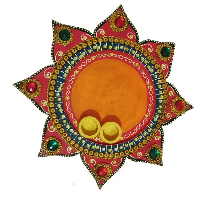 BIKANER GANGAUR IDOL Decorative Wooden Handmade Pooja Thali with 2diya (12×12 inch) Multi Color