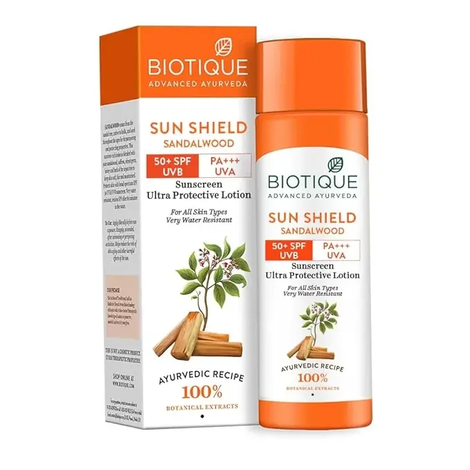 Biotique Sandalwood Sunscreen Ultra Soothing Face Lotion, SPF 50+ Ultra Protective Lotion Keeps Skin Soft, Fair and Moisturized Water Resistant For All Skin Types 120ml