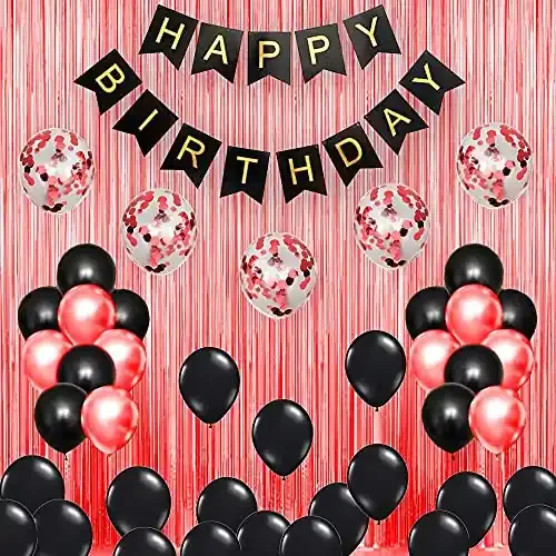 Black Birthday Party Decorations Set with Black Birthday Banner Red Curtains Red Confetti and Black Red Metallic Balloon Set of 63 Pack for Birthday Supplies