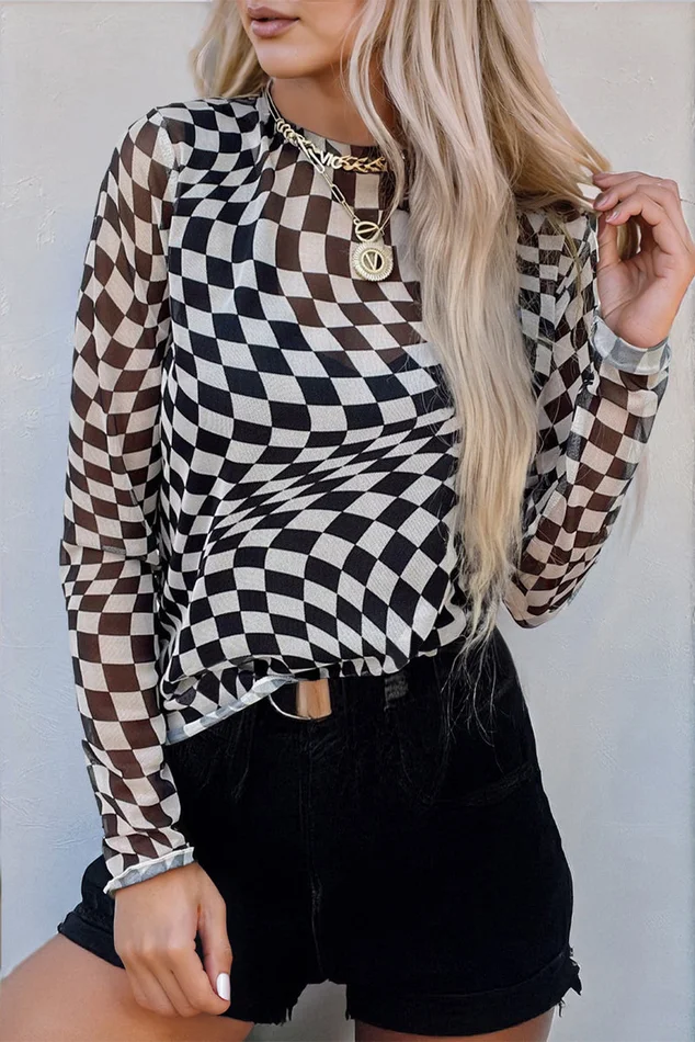 Black Checkered Print Mesh Top