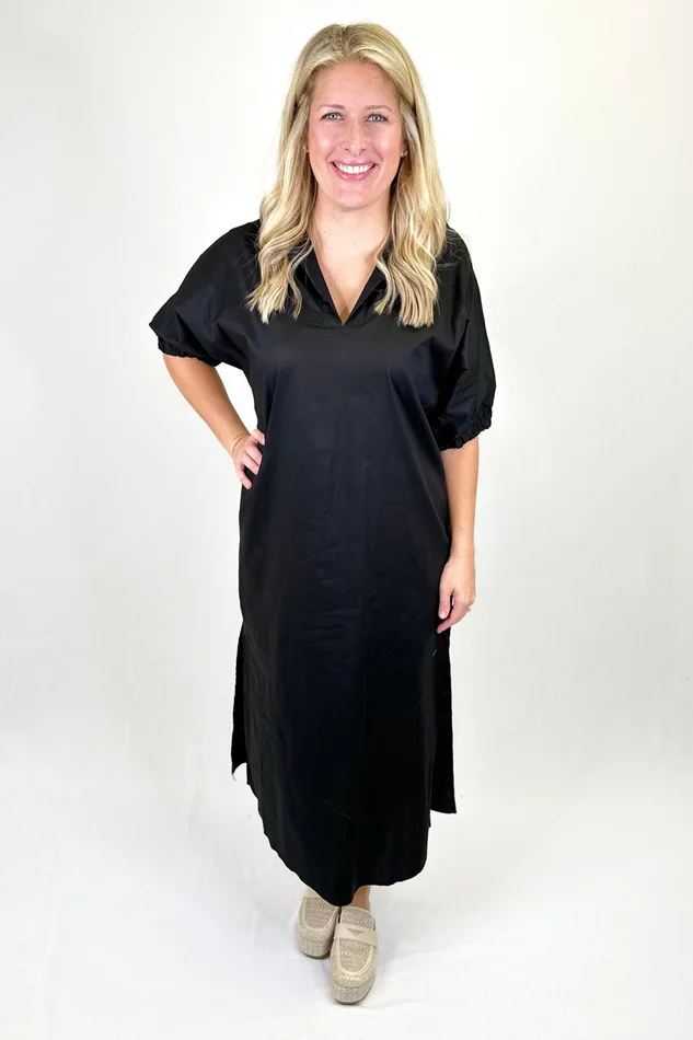 BLACK COLLAR DROP SHOULDER MIDI DRESS