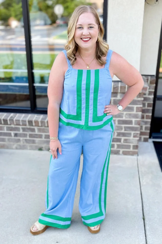 BLUE & GREEN COLOR BLOCK PANT SET