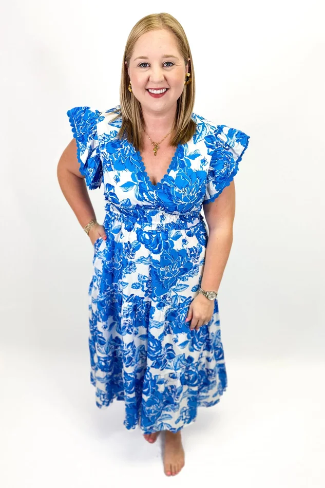 BLUE & WHITE FLORAL VNECK DRESS