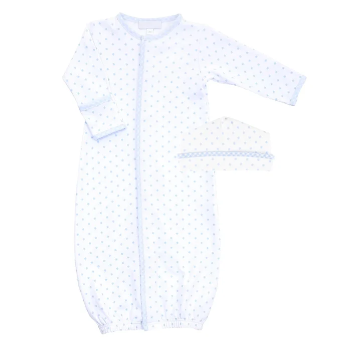 BLUE DOTS & GINGHAM TRIM CONVERTER GOWN & HAT SET