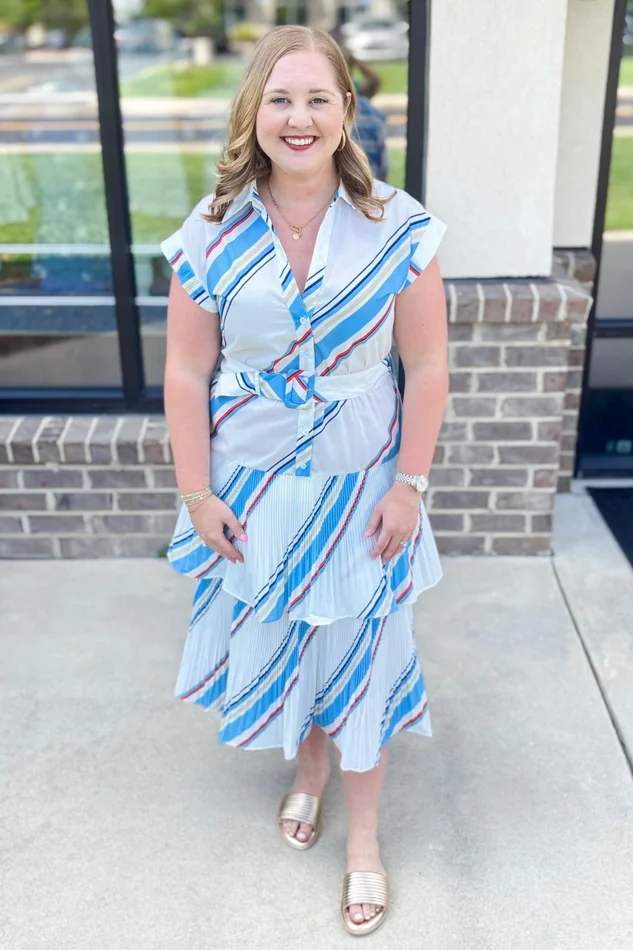 BLUE, WHITE, RED DIAGONAL STRIPE MICRO PLEATED TIERED MIDI DRESS