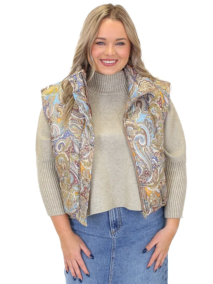 Boho Mixed Print Puffer Vest – Multi