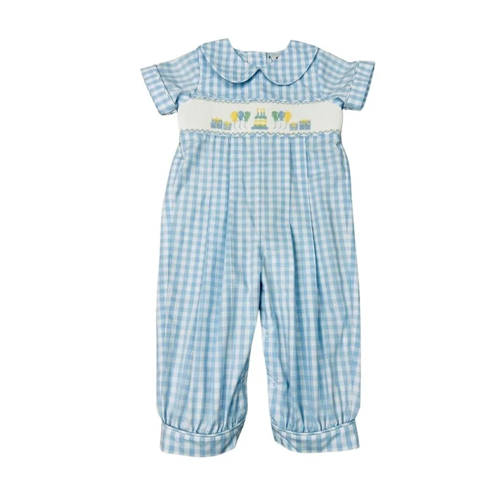 BOYS BLUE CHECK SMOCKED BIRTHDAY CAKE & BALLOONS LONG ROMPER by Delane