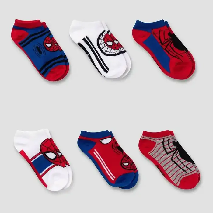 Boys‘ Spider-Man 6pk No Show Socks – Red/Blue M/L Polyester Spandex Blend, Reinforced Stitching