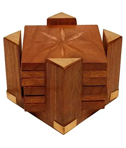 Brown Beautiful 4 Pillars Wooden Tea Coaster Handmade Retro Wood Coaster Set with 6 Square Table Coaster Set of 6