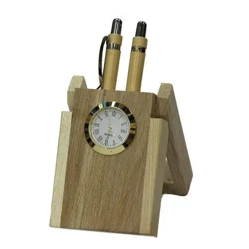 Brown Wooden Handicrafts Showpiece Pen Stand With Clock