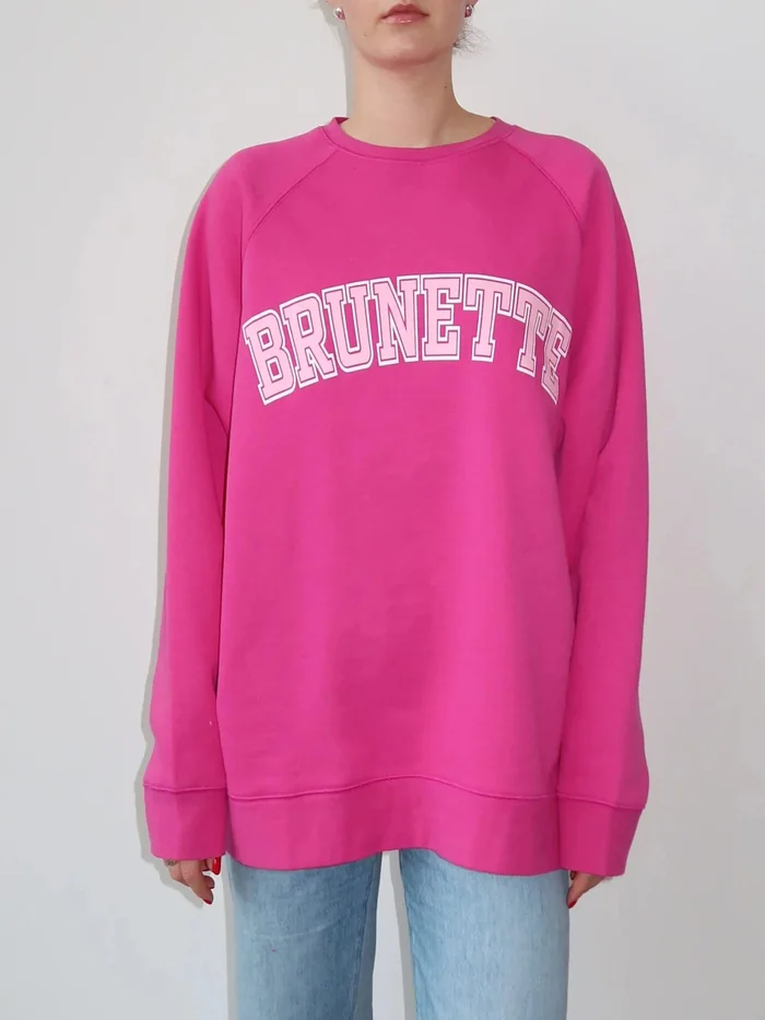 Brunette The Label “Brunette” Not Your Boyfriend’s Varsity Crew Neck Sweatshirt – Fuchsia & Baby Pink