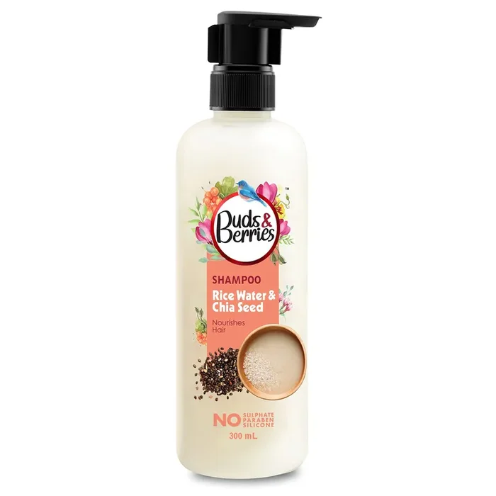 Buds & Berries Rice Water and Chia Seeds Nourishing Shampoo Strengthens Hair, 120 Hours of Conditioning Sulfate-Free, Paraben-Free, Silicone-Free (300 ml)