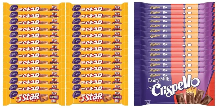 Cadbury 5 Star Chocolate Bar 40 gm [Pack of 28] & Cadbury Dairy Milk Crispello Chocolate Bar 35g- Pack of 15