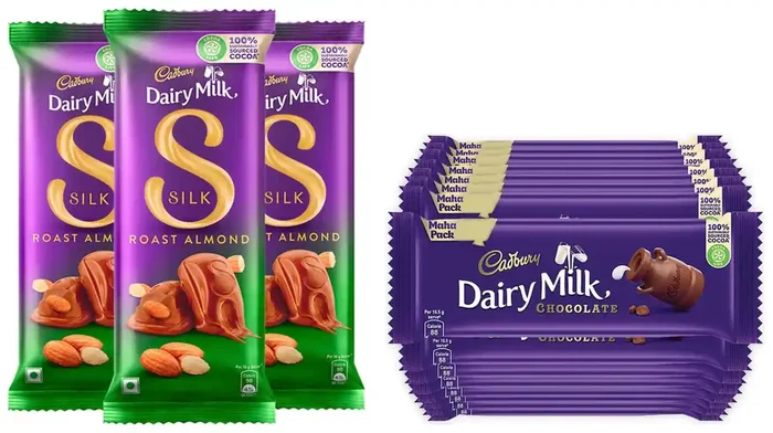 Cadbury Dairy Milk Chocolate Bar 15 x 55 g Maha Pack & Cadbury Dairy Milk Silk Roasted Almonds Chocolate Bar Pack of 3 x 143g