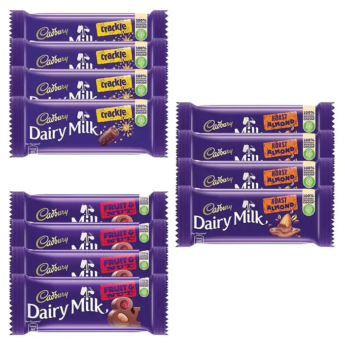 Cadbury Dairy Milk Chocolate Bar, Pack of 12 ( Fruit and Nut, 4x36g, Roast Almond, 4x36g, Crackle, 4x36gm) 432 gm