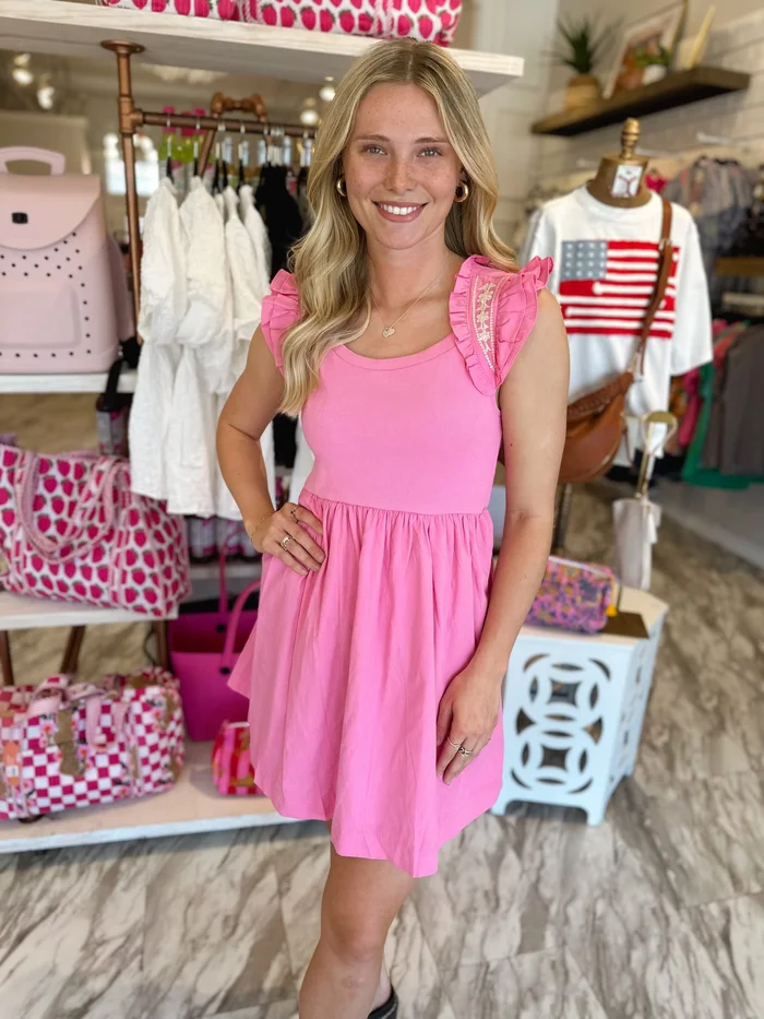 Candy Pink Embroidered Ruffle Dress