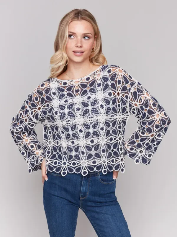 Charlie B Crochet Long Sleeve Boat Neck Top-C4499