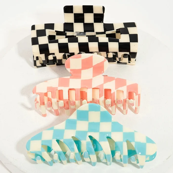 Checkered Large 3 Piece Jaw Hair Clip Set