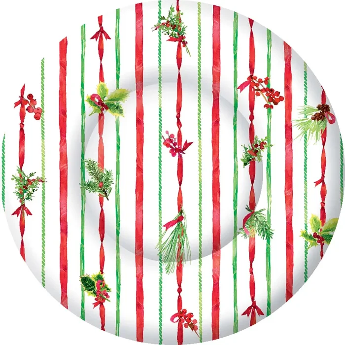 CHRISTMAS RIBBONS AND STRIPE 8″ ROUND PLATES