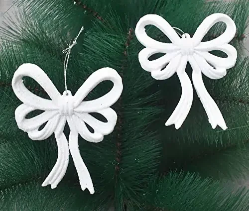Christmas Vibes 2 Pcs Christmas Tree Hanging White Glitter Snow Effect Bow for Christmas Ornaments Xmas Tree Hangings Ornaments for Christmas Decoration Items for Home Decoration 159