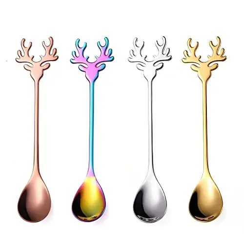 Christmas Vibes 4Pcs Coffee Spoon Set Stainless Steel Christmas Deer Head Handle Spoons Creative Elk Head Dessert Sugar Ice-Cream Soup Teaspoons Dessert Cake Spoons Christmas Birthday Gift Spoon Set