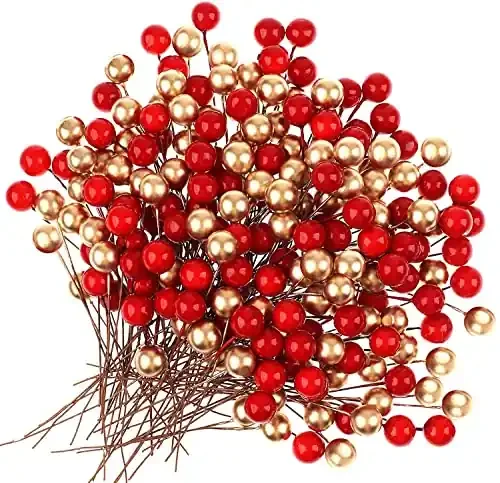 Christmas Vibes 50 Pcs Red Golden Christmas Holi Berries Fruit for Christmas Xmas Tree Decoration Wreath Making DIY Christmas Carft and Christmas Decoration Item