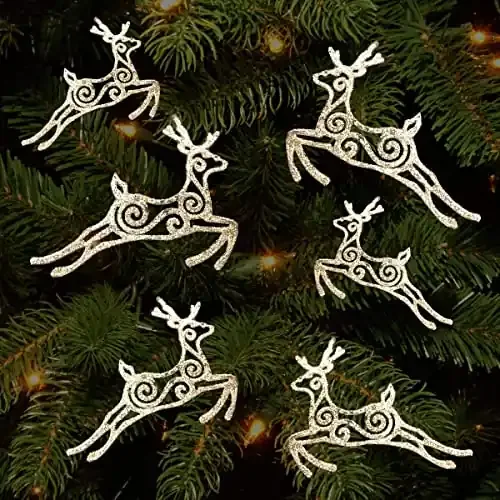 Christmas Vibes 6pcs Christmas Tree Gift Mini Reindeer Glitter Festive Home Holiday Hanging Xmas Baubles Party Decoration Gold