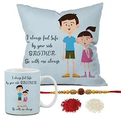 Christmas Vibes Be with Me Always Brother Rakhi Gift Hamper Combo – 4pc (1 Cushion 1 Mug 1 Rudraksh Rakhi and Roli Chawal) Rakhi Gift for Brother Rakshabandhan Gift Rakhi Gift for Bhai