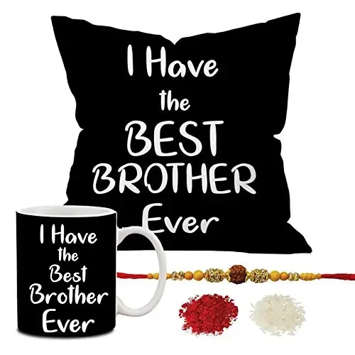 Christmas Vibes Best Brother Ever Rakhi Gift Hamper Combo – 4pc (1 Cushion 1 Mug 1 Rudraksh Rakhi and Roli Chawal) Rakhi Gift for Brother Rakshabandhan Gift Rakhi Gift for Bhai