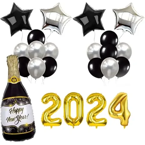 Christmas Vibes Black & Silver New Year Decoration Items – 49 Pcs 2024 Happy New Year Decoration Items – Number Digit Balloons Star Shape Balloon Metallic & Latex Balloons for Room & Home Décor
