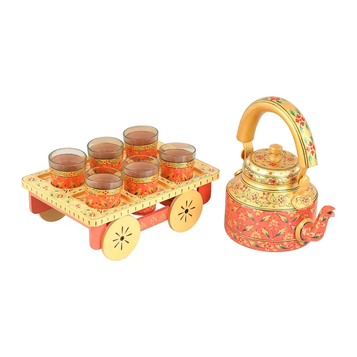 CHURU SILVERWARE Aureate Kettle Set V with 6 Glasses & Holder Handicraft Decorative Tea Coffee Set