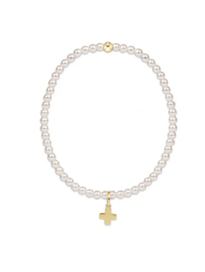 Classic Pearl 3mm Bead Bracelet-Signature Cross Gold Charm