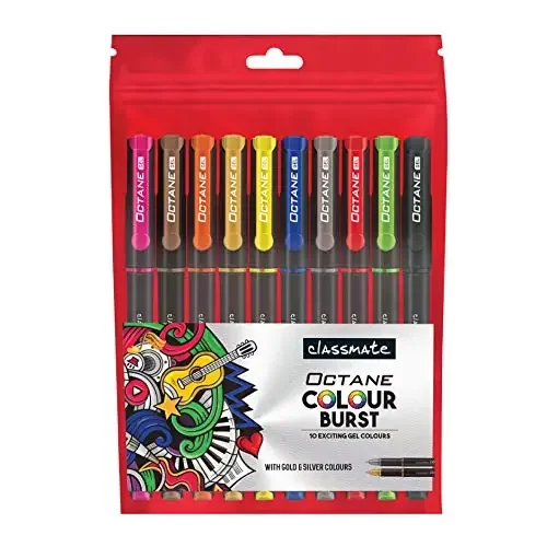 Classmate Octane Colour Burst-Multicolour Gel Pens (Pack of 10) Gold & Silver Glitter Sparkle Pens 10 Colour Ink Shades for Art Lovers and Fun at Home Essenti