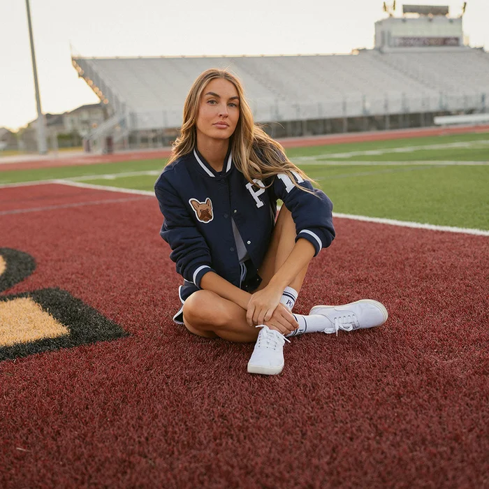 Collegiate Blue Long Sleeve Varsity Navy Adult Fleece Varsity Jacket | Posh Peanut®