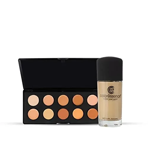 COLORESSENCE HD Makeup Base Contour Highlight Palette 12 Hour Stay Satin Finish Waterproof Concealer Smudge Proof Formula10 Shades – With Free Liquid Foundation (Medium Beige 30ml)