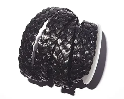 cords craft 12mm 5 Ply Flat Braided Genuine Leather Cord Black Color Hand Braided Roll of 2 Meters