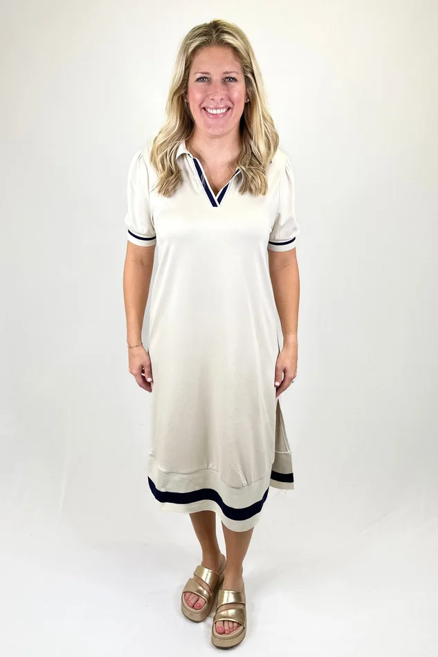 CREAM & NAVY STRIPE TRIM COLLAR MIDI DRESS