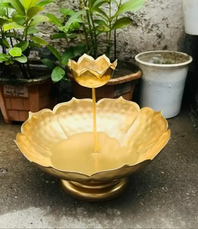 Creative Lamps Flower Pattern Urli Candle Stand with Floating Diya Urli Bowl Tealight Holder Stand for Diwali, Home Puja Decor Set of 3 (Lotus Stand Set of 3) (8)