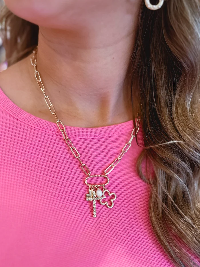 Cross, Clover & Pearl Charm Necklace Set