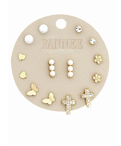 Crystal Cross & Pearl 7 Piece Stud Set