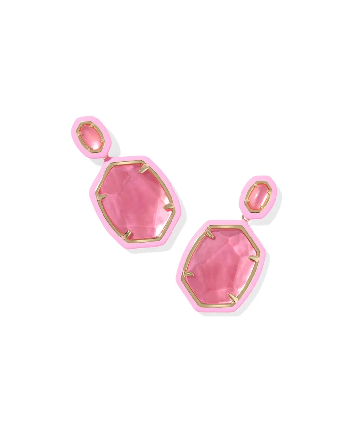 DAPHNE ENAMEL FRAME DROP EARRINGS, GOLD BRIGHT PINK ILLUSION
