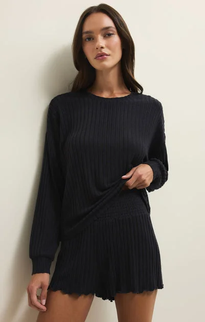 Daydream Rib Long Sleeve Top in Black Sand