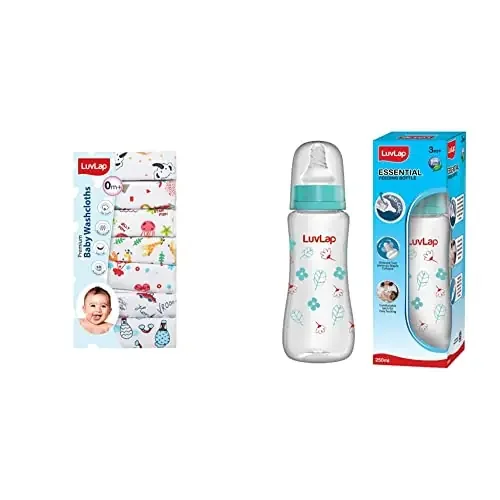 DIYTX LuvLap Hosiery Cotton Cloth Premium Baby Washcloth & LuvLap Anti-Colic Slim/Regular Neck Essential Baby Feeding Bottle 250ml
