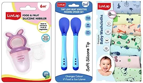 DIYTX LuvLap Premium Baby Washcloth 7 Pcs & LuvLap Bunny Food & fruit nibbler & LuvLap Tiny Love Heat Sensitive Baby Feeding Spoons Set Food Grade PP Kids & Baby Spoon Blue