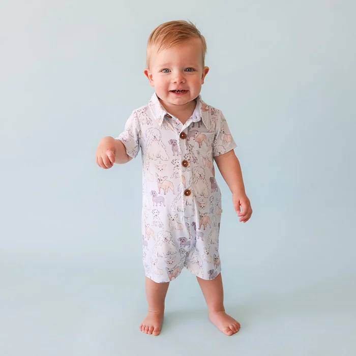 Dogs Blue Collared Henley Short Romper | Gatsby