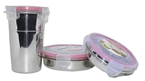 Dynore Stainless Steel Set of 2 Click & Seal Lock air Tight Flat containers/tiffins and Stainless Steel Click & Seal Lock air Tight Glass Tumbler with Lid