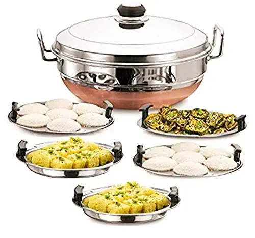 Ecom Stainless Steel Idli Cooker Multi Kadai Steamer with Copper Bottom All-in-One Big Size 5 Plate 2 Idli 2 Dhokla 1 Patra Momo‘s