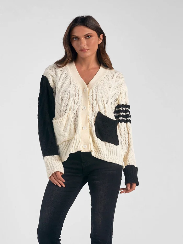 Elan Color Block Sweater Cardigan – Black/White