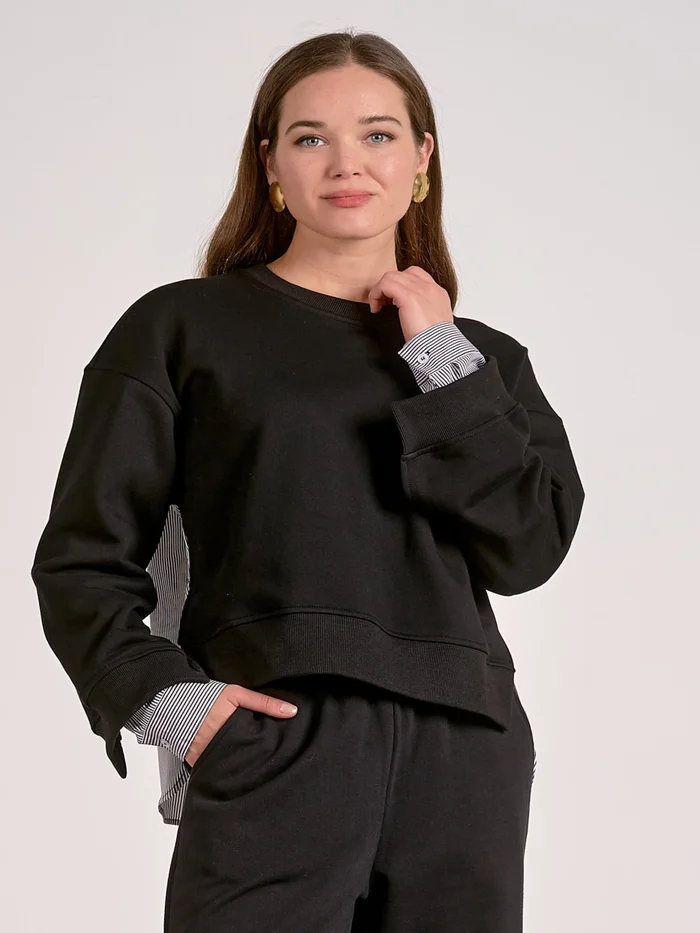 Elan Mixed Media Top – Black/Stripe
