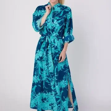 Elina Woven Cotton Dress Navy Turquoise Pattern